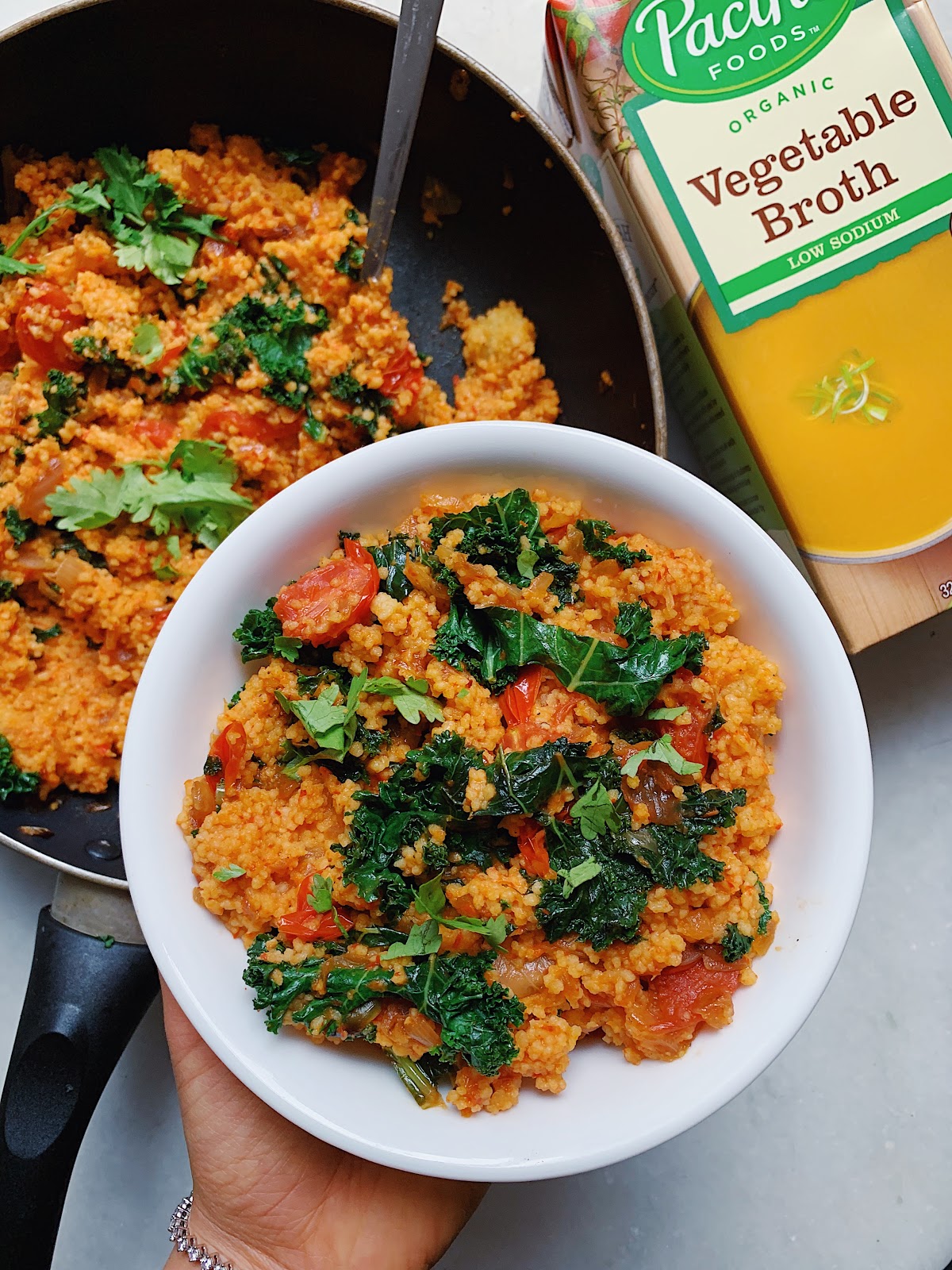 Roasted Red Pepper Couscous With Garlicky Tomatoes Onions And Kale Recipe Pacific Foods